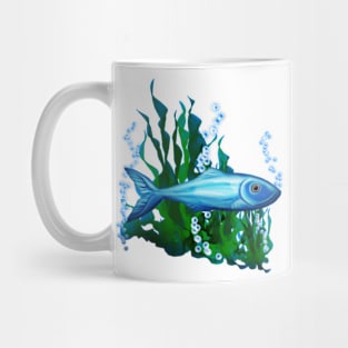 Blue Ocean Fish with Bubbles and Seaweed Mug